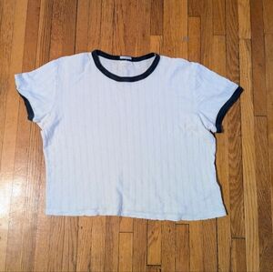 MOTHER The Itty Bitty Ringer Cotton Crop T-shirt Size XL White and Navy